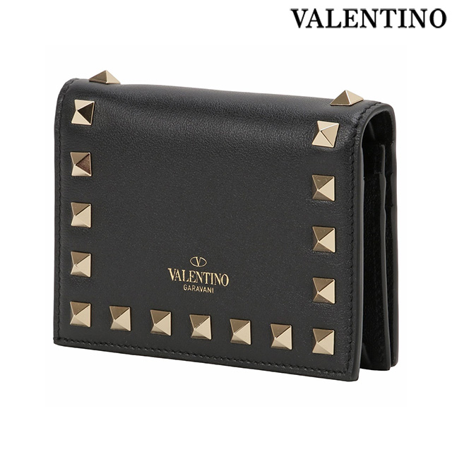 VALENTINO ヴァレンティノ レザー ロックスタッズ 二つ折り コンパクト財布 ブラック by