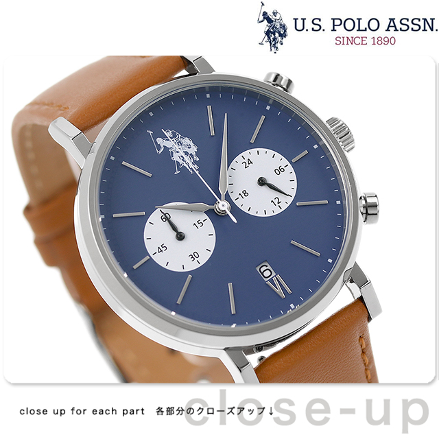 ユーエスポロアッスン ロゴ クオーツ 腕時計 メンズ クロノグラフ 革ベルト U.S. POLO ASSN. US-15SBBR アナログ ブルー  キャメル