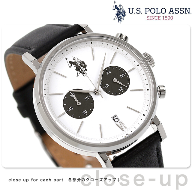 ユーエスポロアッスン ロゴ クオーツ 腕時計 メンズ クロノグラフ 革ベルト U.S. POLO ASSN. US-15WHBK アナログ ホワイト  ブラック 黒