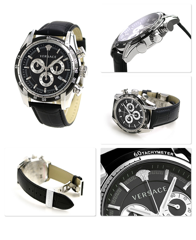 ヴェルサーチ V-レイ クロノグラフ スイス製 メンズ 腕時計 VEDB00118 VERSACE ブラック 革ベルト 新品